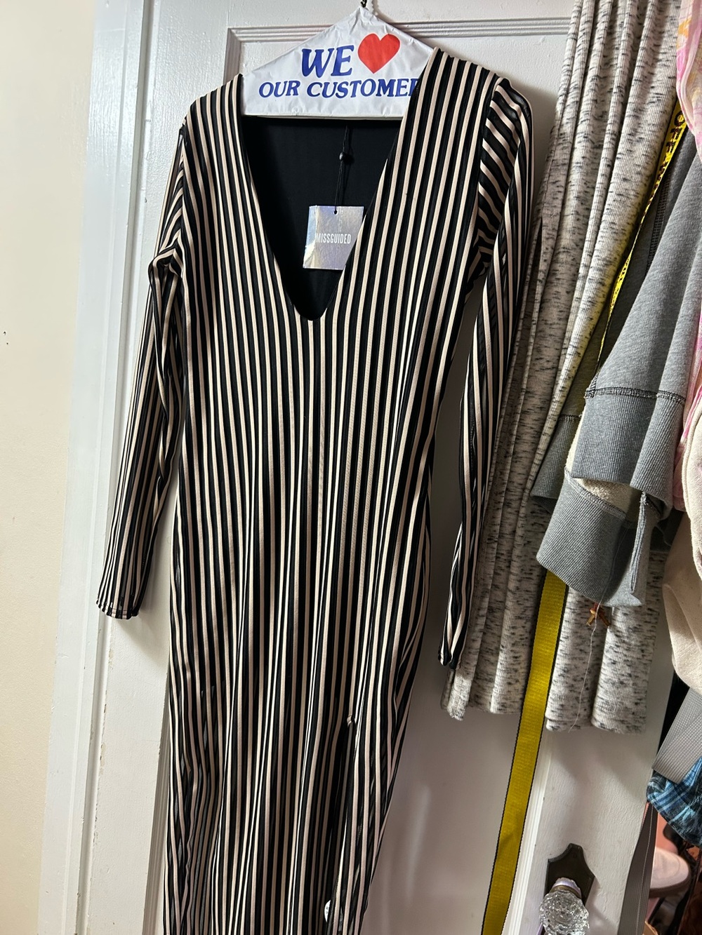 Missguided Black and Cream Vertical Stripe Long Sleeve V-Neck Dress